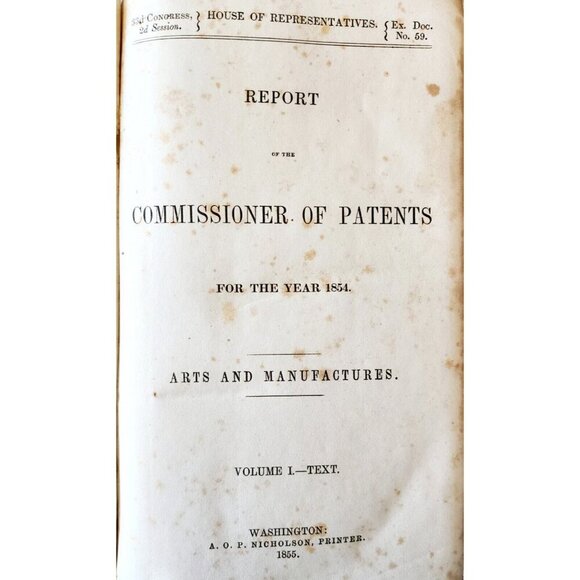 House Of Rep Commissioner Of Patents 1855 Victorian HC First Edition Vol 1 HBS - Picture 3 of 9
